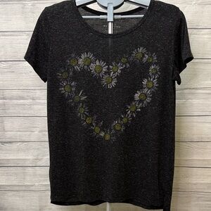Floral Heart/Daisy Graphic Women's Black Burnout Short Sleeve Tee, worn once